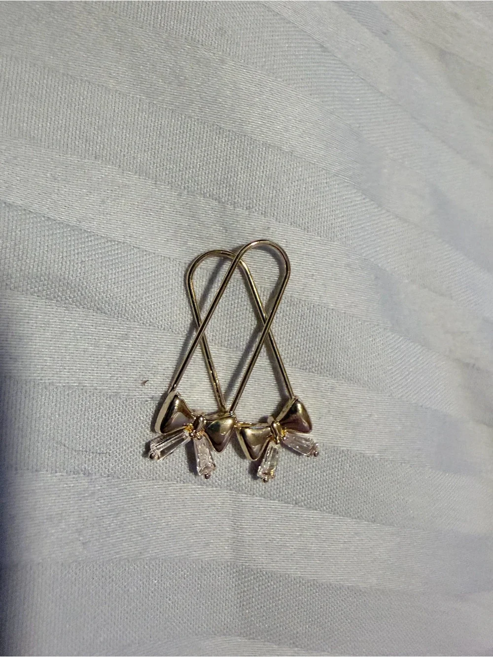 Gold Bow Drop Earrings with Clear Crystal Accents - Women Jewelry